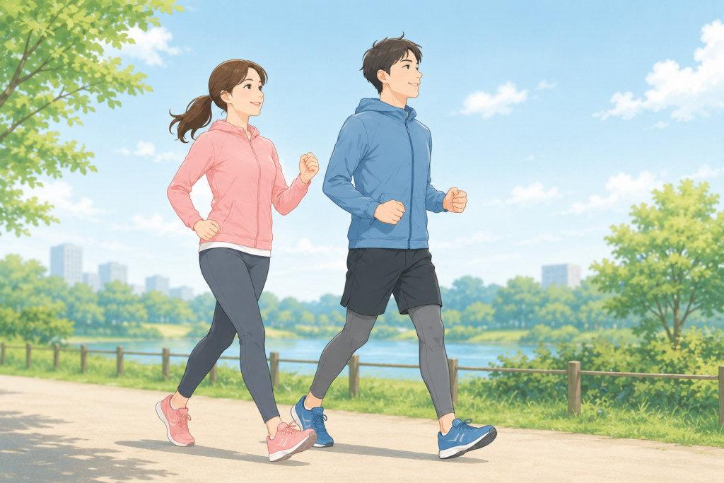 ウォーキングや軽いジョギングをしている男女のイラスト