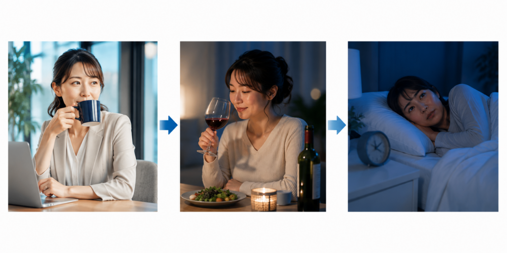 カフェインとアルコールが睡眠へ与える影響を示す図解