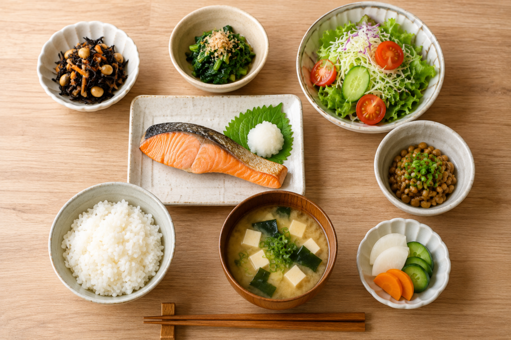 主食・主菜・副菜がそろった和食中心の食卓を俯瞰で撮影したイメージ