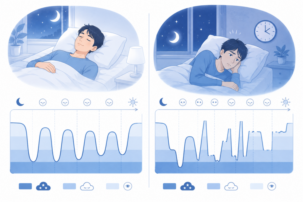 夜中に目が覚めることで睡眠サイクルが乱れるイメージイラスト