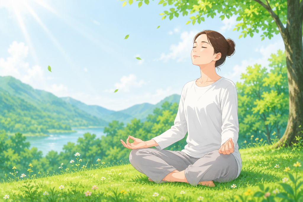 深呼吸や瞑想、自然の中でリラックスしている人物のイラスト