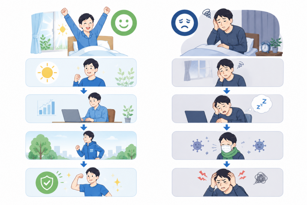 深睡眠が十分な人と不足している人の違いをイメージしたイラスト