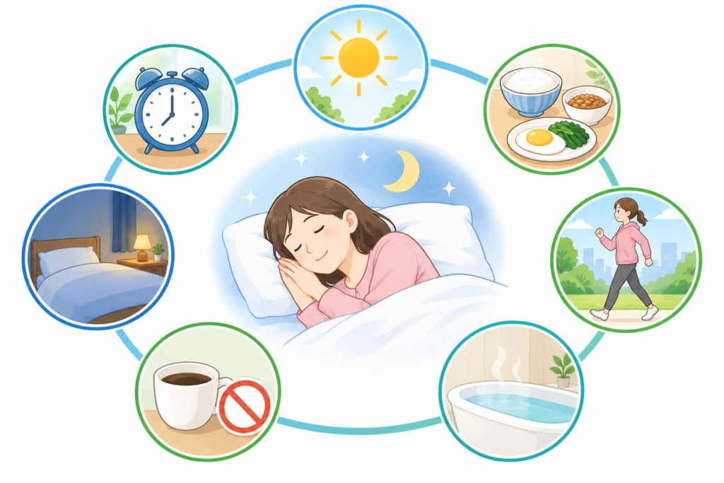深睡眠を増やす7つの習慣をイメージするイラスト