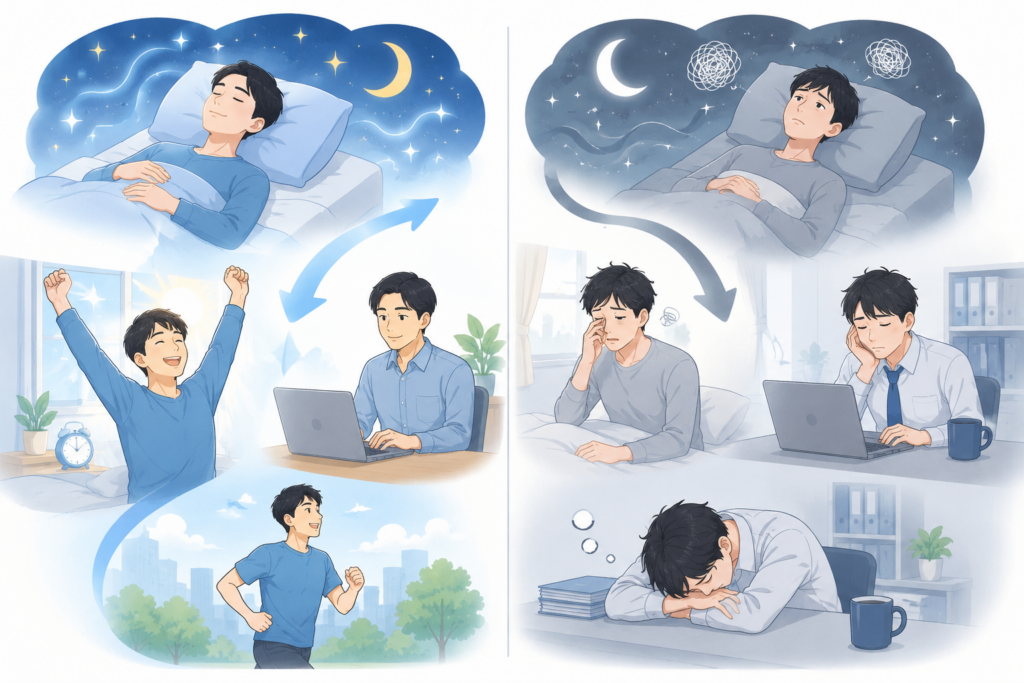 深睡眠不足と疲労回復の違いのイメージイラスト