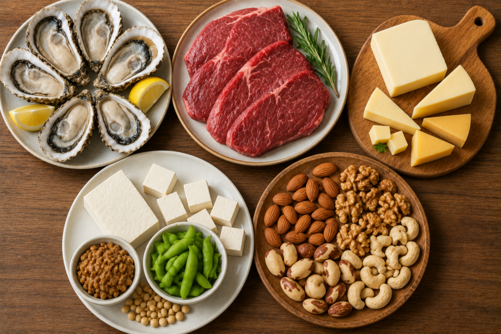 牡蠣・牛肉・チーズ・大豆製品・ナッツを並べた俯瞰写真