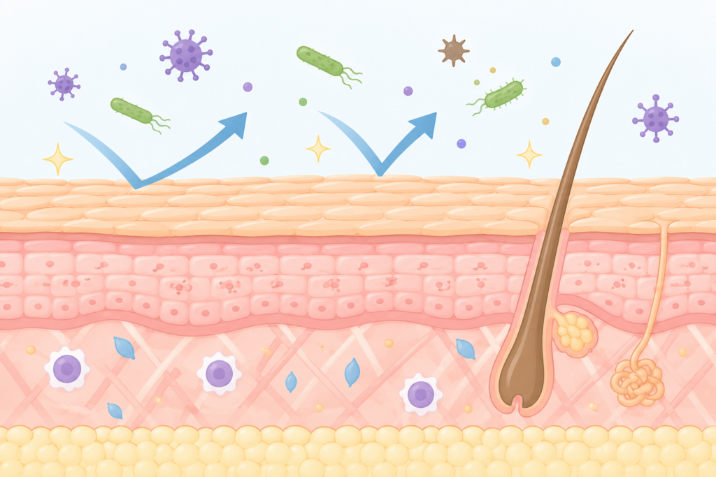 皮膚の断面イラストや、皮膚がバリアとして働く