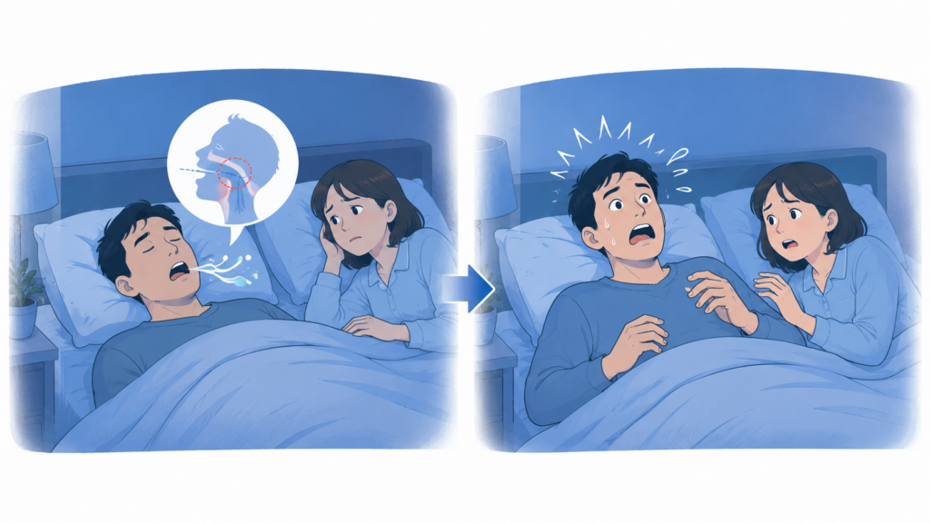 睡眠時無呼吸症候群で呼吸が止まる様子のイメージ図